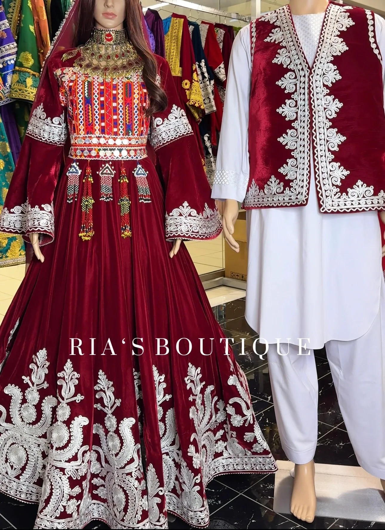 Burgundy Bridal Dress with Mens Vest
